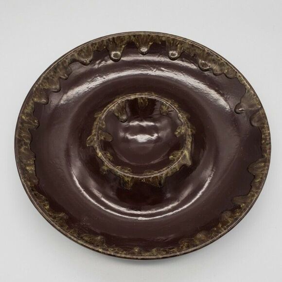 Vintage Chip & Dip Pottery Serving Bowl Brown Drip Glaze Marked LF - Picture 2 of 12